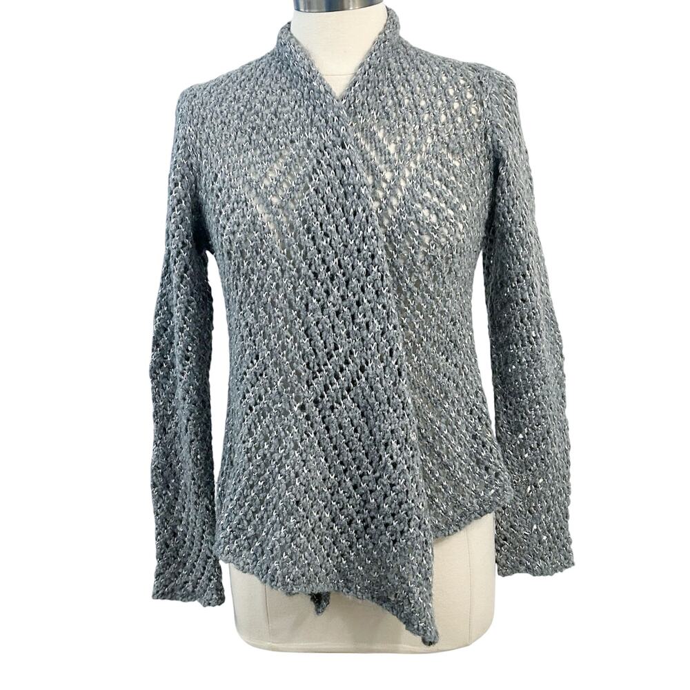 Eileen Fisher Gray Wool Alpaca Open Knit Draped Cardigan M